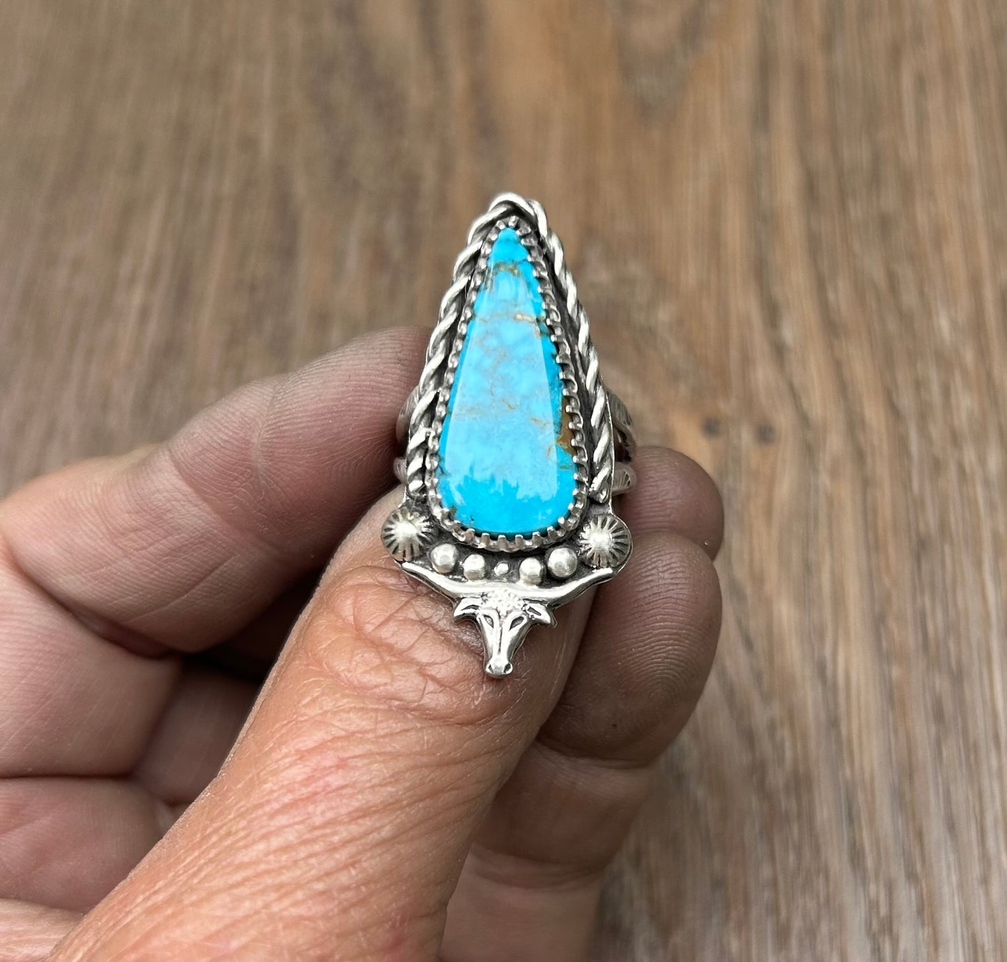 The Stampede Ring.  Kingman Turquoise Wrapped In Sterling Silver, Stamped Double Band.  US Size 7.5