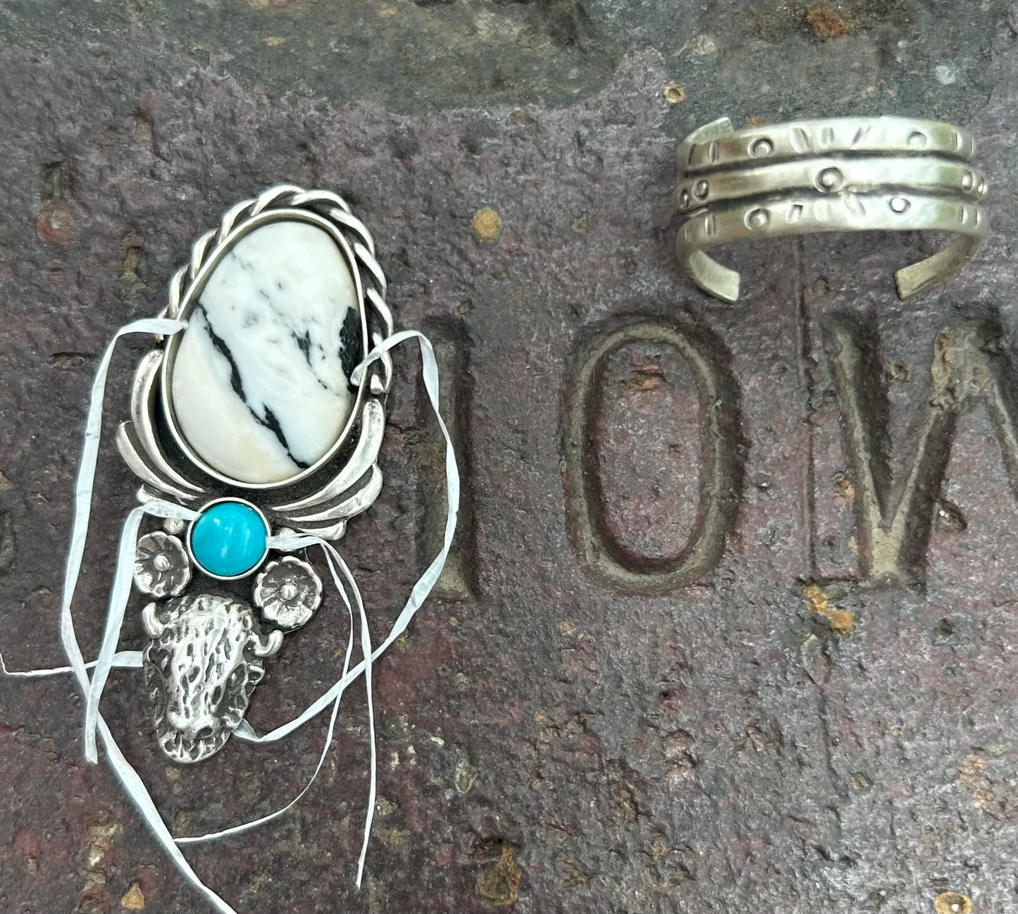 White Buffalo and Kingman Turquoise Buffalo Ring, Finished To Your Size, Stamped Triple Band