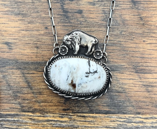 The Beeba Pendant Necklace, Sterling Silver Bison and White Buffalo Stone on 18” Paperclip Chain
