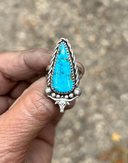 The Stampede Ring.  Kingman Turquoise Wrapped In Sterling Silver, Stamped Double Band.  US Size 7.5