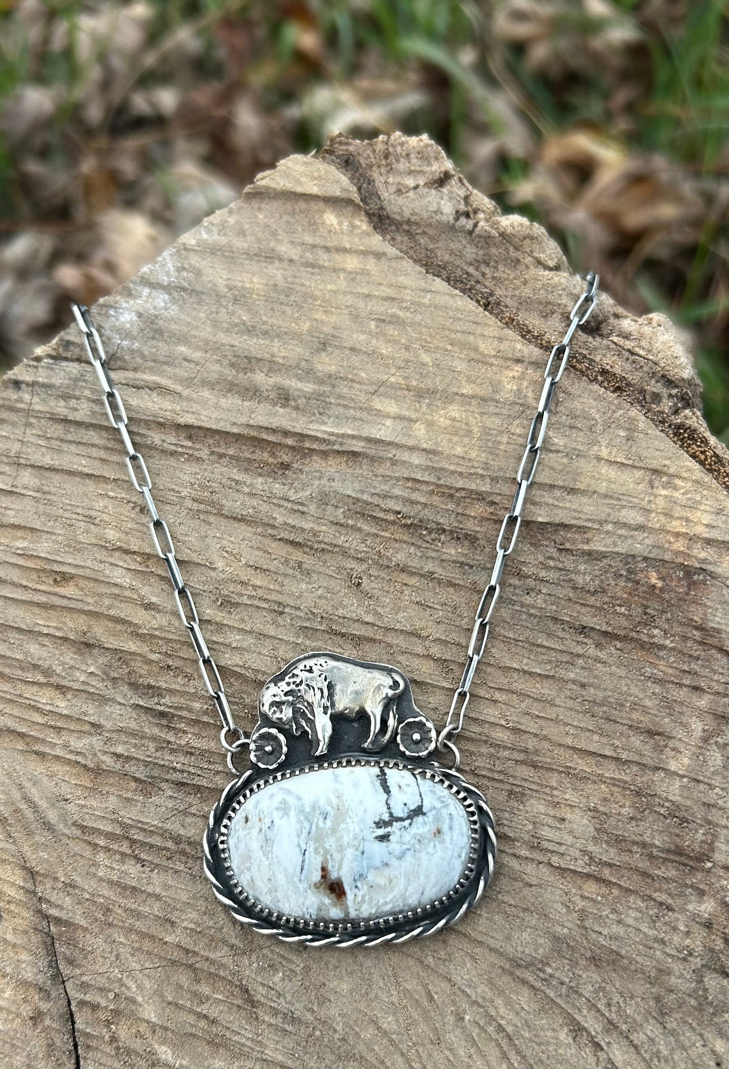 The Beeba Pendant Necklace, Sterling Silver Bison and White Buffalo Stone on 18” Paperclip Chain