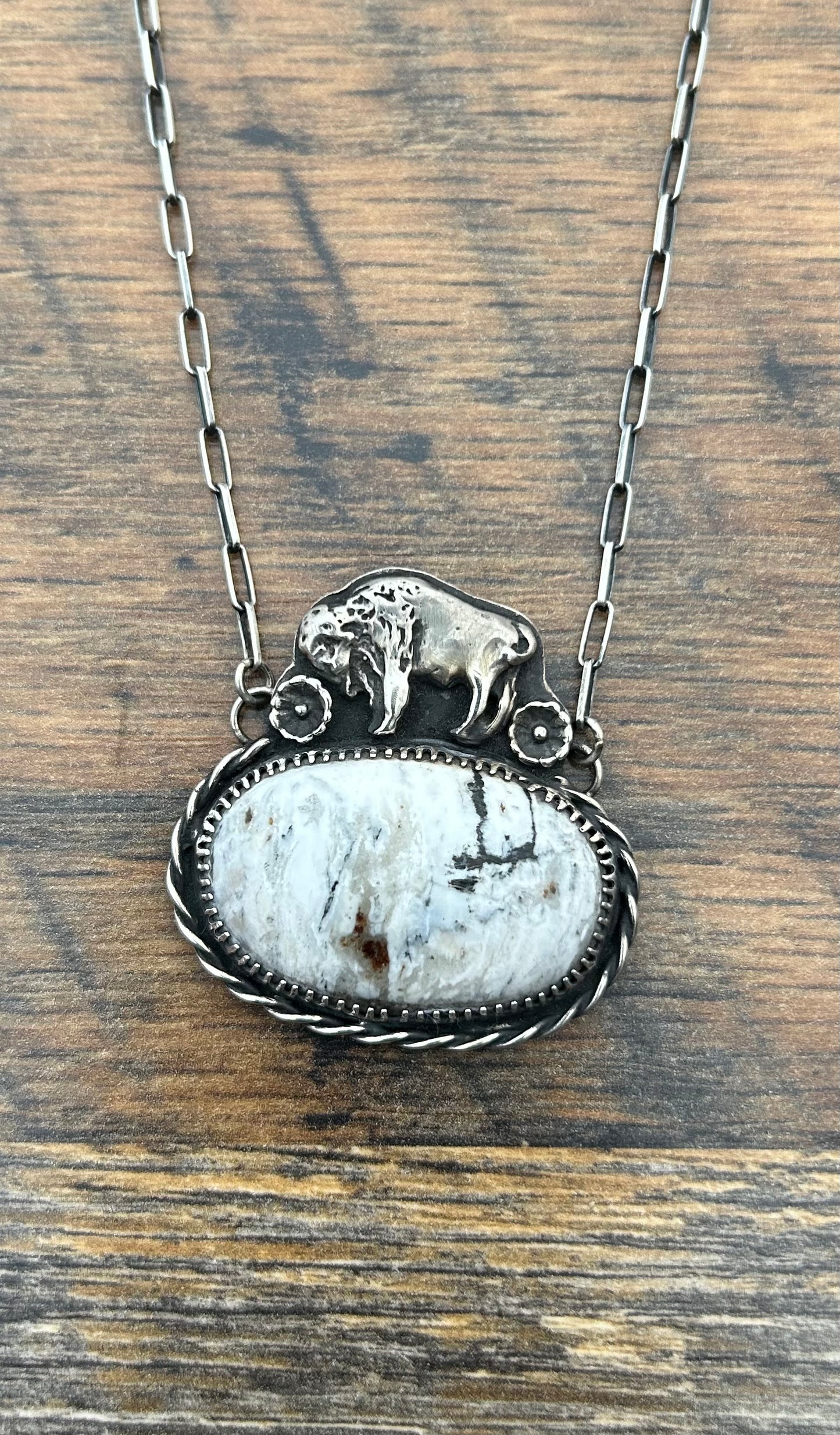 The Beeba Pendant Necklace, Sterling Silver Bison and White Buffalo Stone on 18” Paperclip Chain