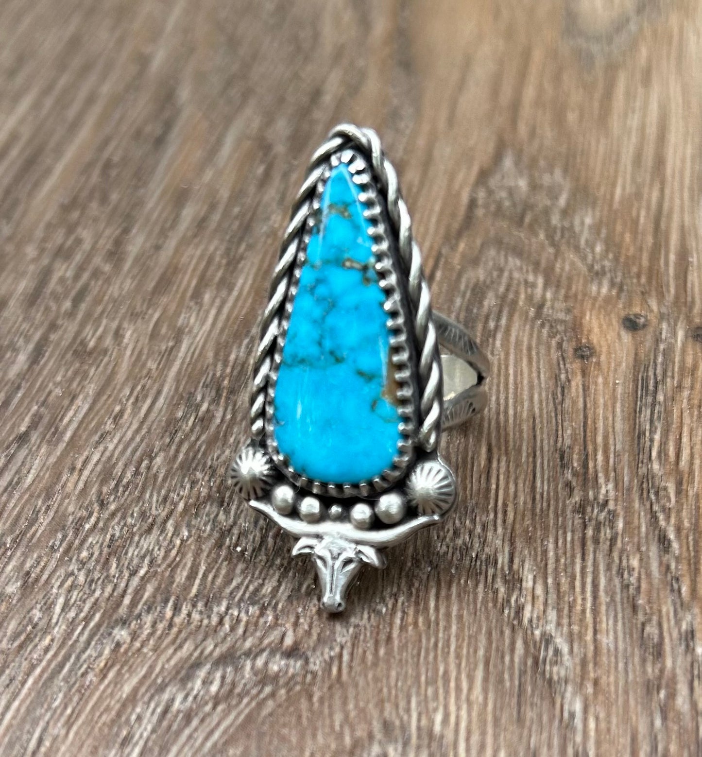 The Stampede Ring.  Kingman Turquoise Wrapped In Sterling Silver, Stamped Double Band.  US Size 7.5