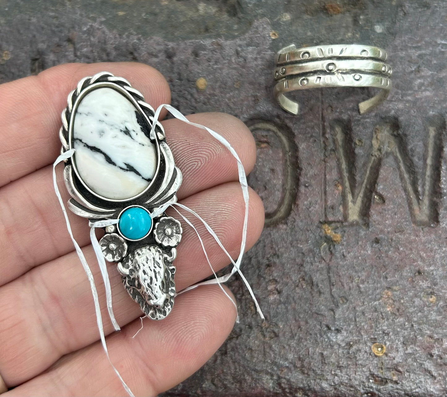 White Buffalo and Kingman Turquoise Buffalo Ring, Finished To Your Size, Stamped Triple Band