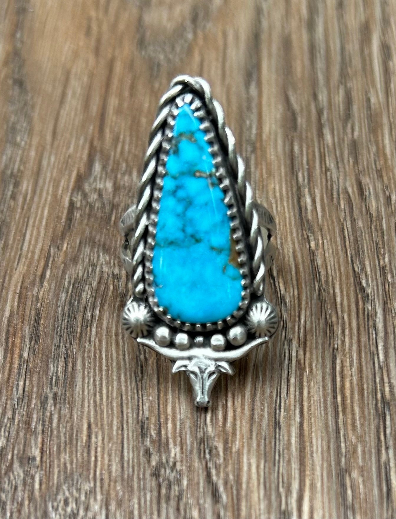 The Stampede Ring.  Kingman Turquoise Wrapped In Sterling Silver, Stamped Double Band.  US Size 7.5