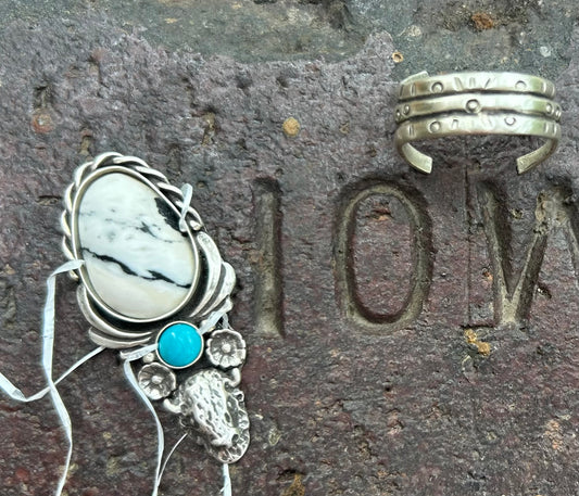 White Buffalo and Kingman Turquoise Buffalo Ring, Finished To Your Size, Stamped Triple Band