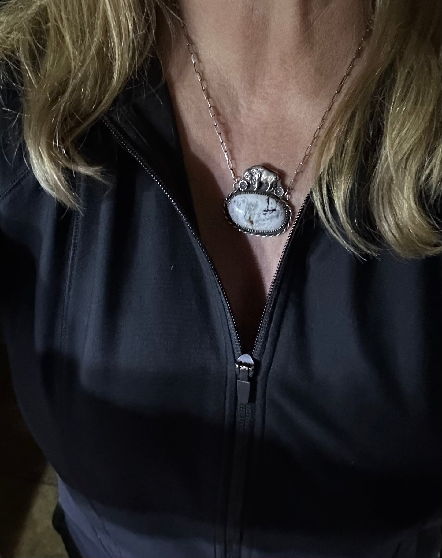 The Beeba Pendant Necklace, Sterling Silver Bison and White Buffalo Stone on 18” Paperclip Chain