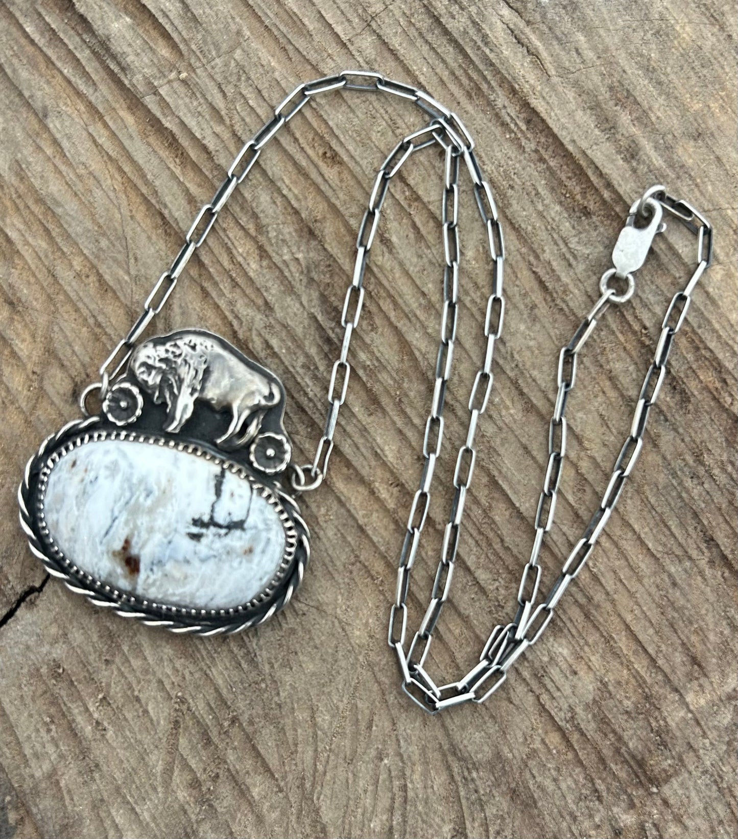 The Beeba Pendant Necklace, Sterling Silver Bison and White Buffalo Stone on 18” Paperclip Chain