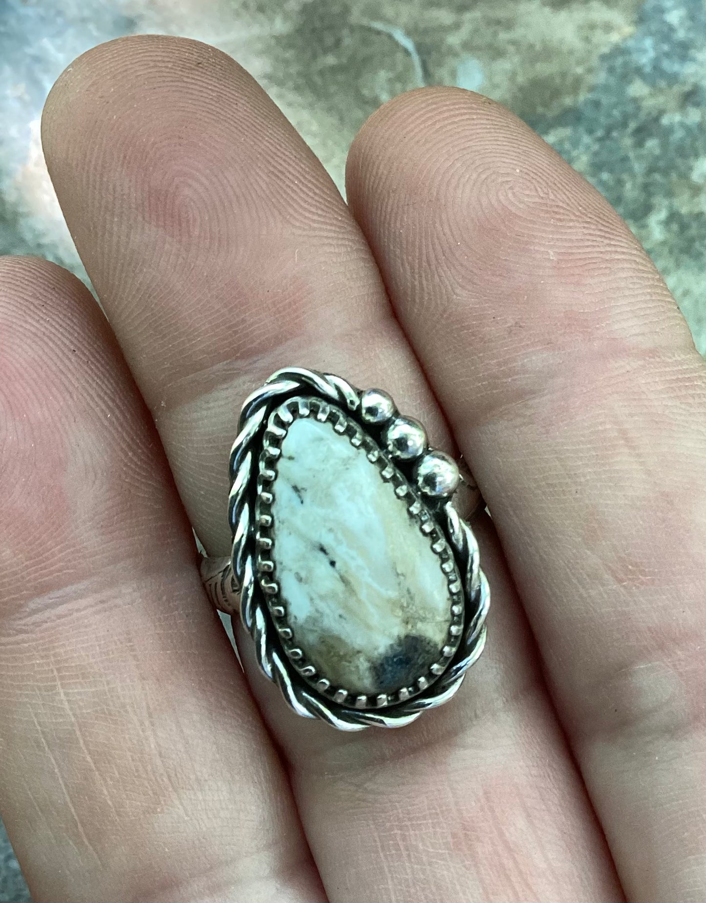 White Buffalo Teardrop Ring US 7 1/2