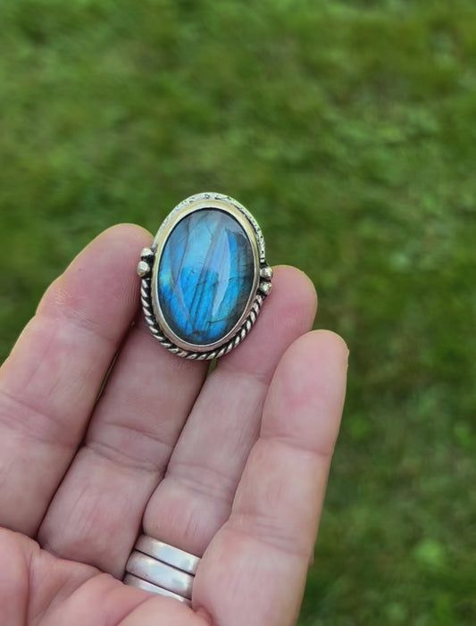 The Genesis Ring, Labradorite Statement Ring, Ornate Band, US Size 7